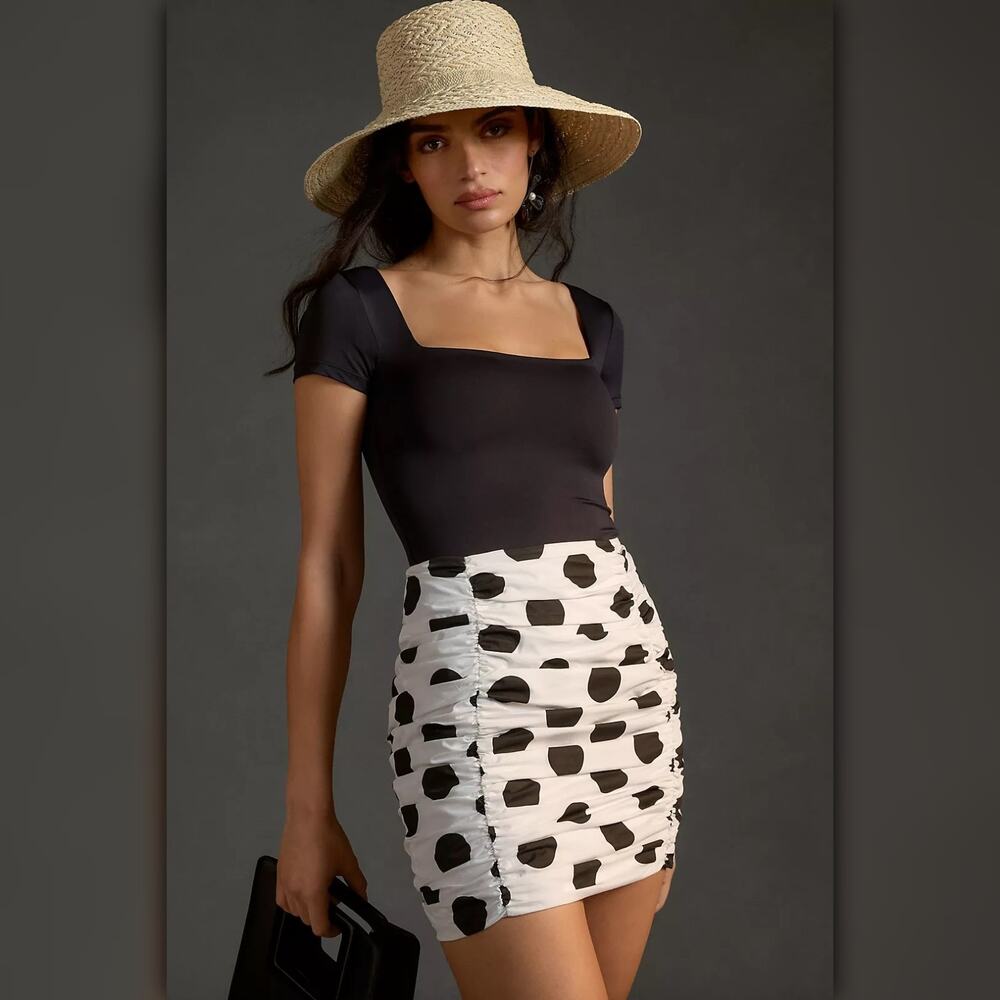 A236 • Ruched Black Polka-Dots White Mini Skirt